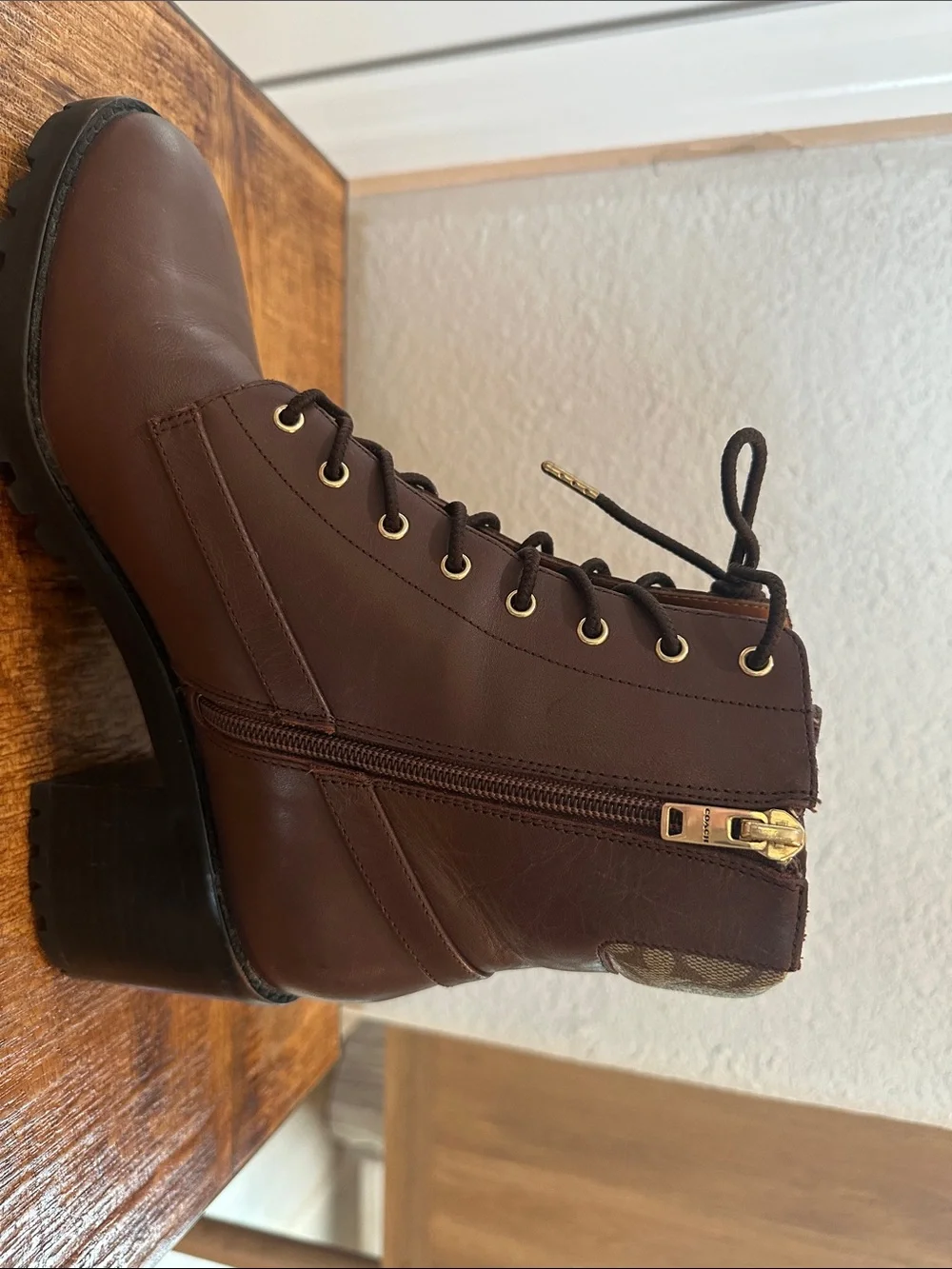 Coach Brown Leather Platform Booties with Signature Monogram Cuff SZ 9B